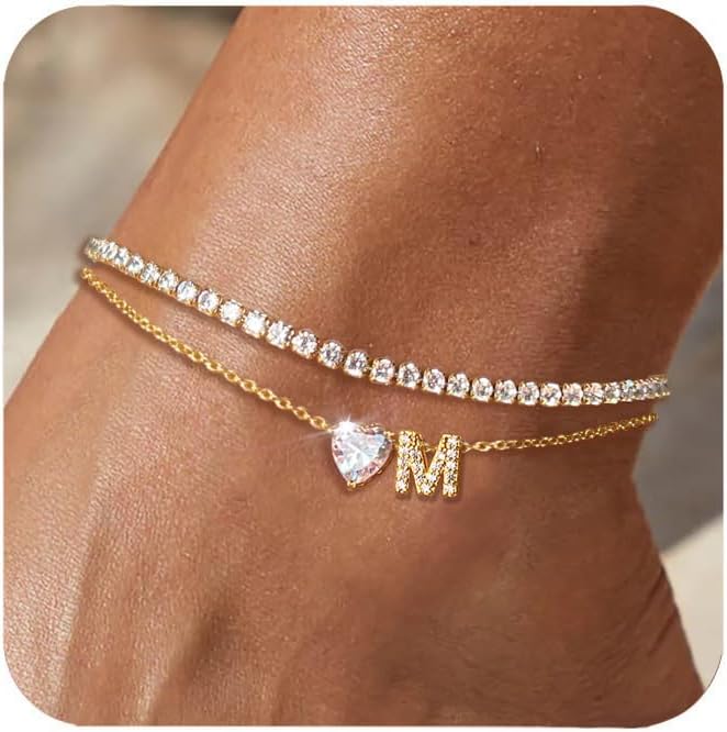 ABDOT Store Gold Initial Ankle Bracelets for Women Waterproof 14K Gold Filled Layered Anklets for Women Non Tarnish Women's Anklets Adjustable Large Ankle Summer Beach Foot Jewelry - Image 1